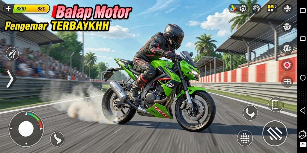 Tampilan gameplay seru di trek balap dengan berbagai motor.