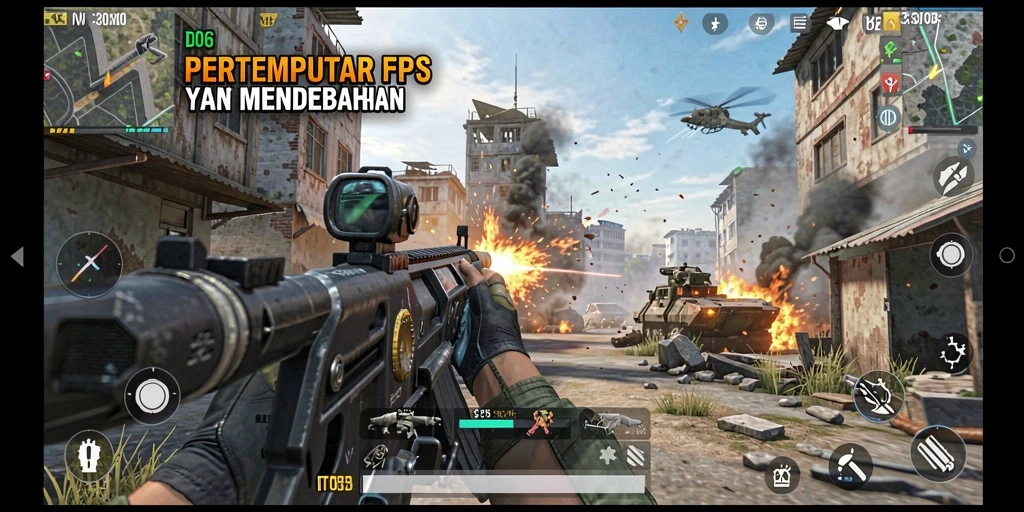 Screenshot menunjukkan aksi intens dalam game FPS D06.