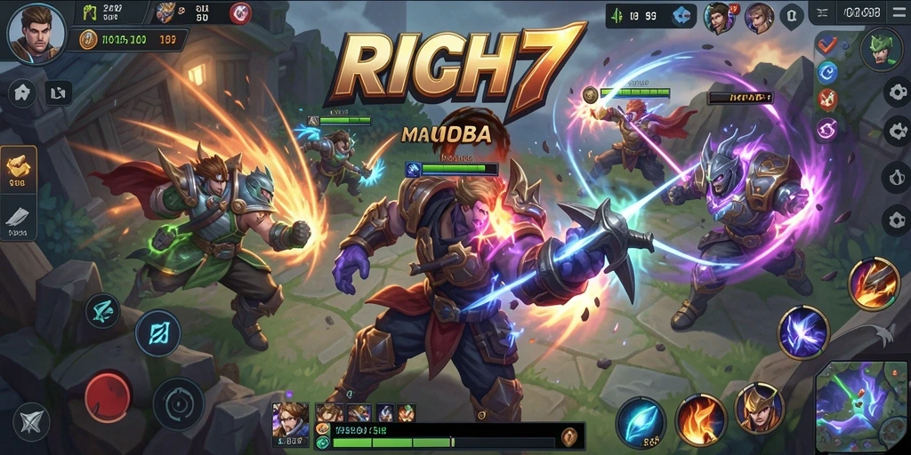 Screenshot RICH7 menampilkan aksi seru dalam pertempuran MOBA.